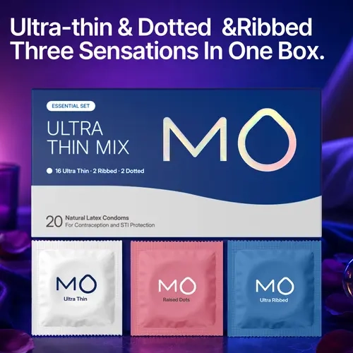 MO Trio Bundle Variety Pack Condoms for Men - Universal Regular Fit, 20 Pcs Natural Latex Condoms with 3 Triple Sensations Textured Mix (Ultra Thin, Ribbed Dot), pH Balanced, Everyday Use,Shopping Deals, Free 3 Day Shipping,SohoChic