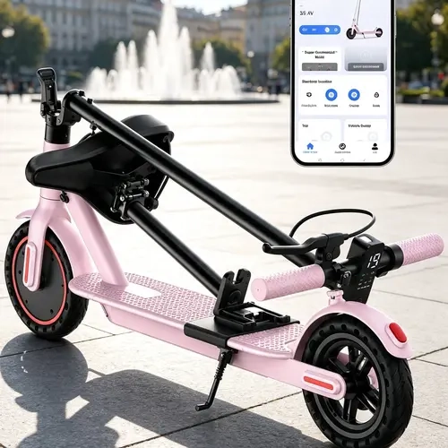 Unisex Foldable Electric Scooter with Seat - Aluminum Deck, Compact Fold, 19 MPH Max Speed, 15 mi Range, 8.5" Puncture-Proof Solid Tires, Smart App Control, Dual Braking System for Sports & Daily Commute
