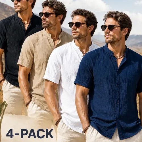 OKP Men's 4-Pack Short Sleeve Band Collar Shirts - Casual Button Down Casual Wear with Textured Fabric, Fitted Cut, Basic Look, Lightweight Breathable Summer Beach Vacation Everyday Tops,sohochic