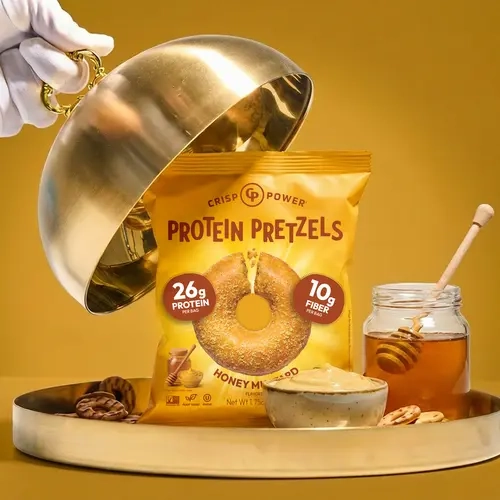 CRISP POWER Protein Pretzels, NEW Honey Mustard Flavor, High Protein, High Fiber, 6g Net Carbs, Crispy, Sweet and Savory, Crunchy Pretzel Snacks, No Added Sugar, 1.75 oz Bags, 6 Pack, Snack