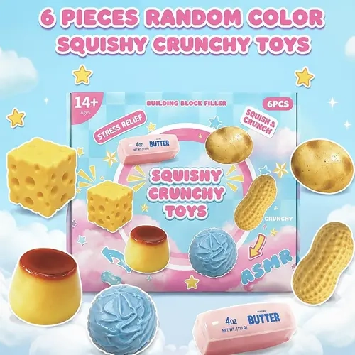 6-Piece Food-Shaped ASMR Sound Fidget Toy Set Pack, Squishy Crunchy Stress Relief Sensory Decompression Toys, Relaxing Party Gifts, Sensory Room Supplies, Novelty Holiday Gifts