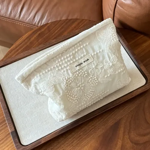 Vintage Lace Embroidery French Style Cosmetic Travel Bag, Portable Fabric Makeup Pouch, Jewelry Storage, Casual All Seasons