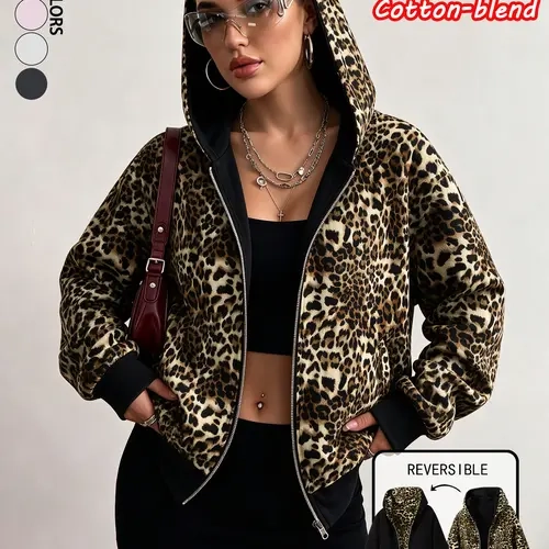 Women’s cotton-blend leopard print hooded sweatshirt, couples’ style double-sided loose zip-up athletic hoodie, hot-girl casual top suitable for everyday wear sohochic