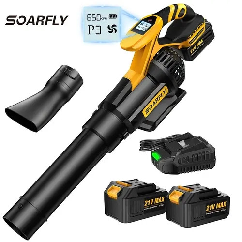 SOARFLY Cordless Electric Leaf Blower, 650CFM/130MPH Handheld Garden Tool, 2×4.0Ah Batteries, Fast Charger, 3 Speed Modes for Lawn Care, Snow Removal