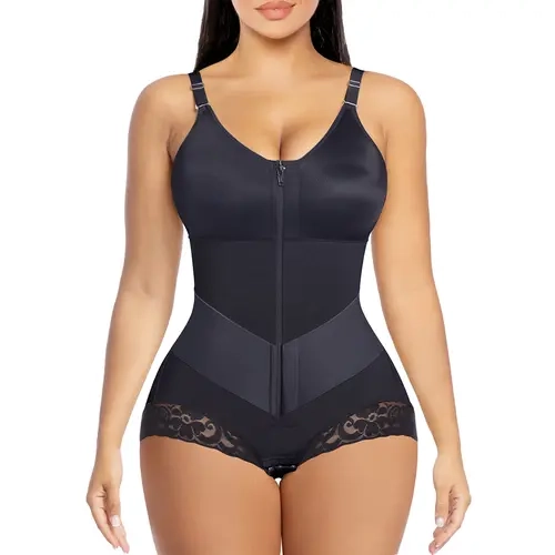 YIANNA V-Shaped Shapewear Bodysuit for Women Tummy Control Fajas Colombianas with Front Zipper, Adjustable Straps & Lace Trim Brief Bottom