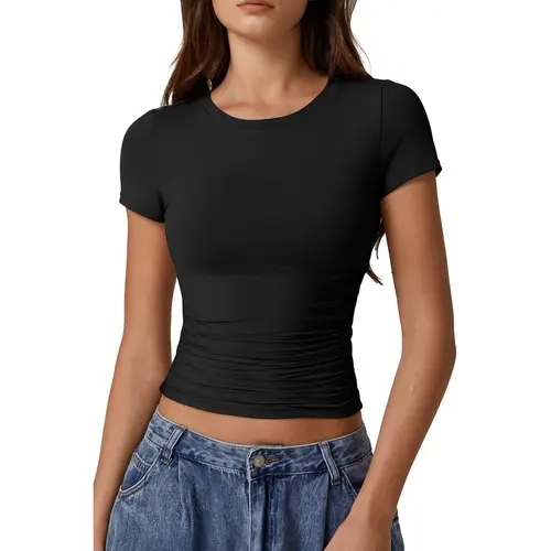 QINSEN Short Sleeve Shirts for Women Round Neck Basic Double Lined Tees Fitted Y2k Crop Tops