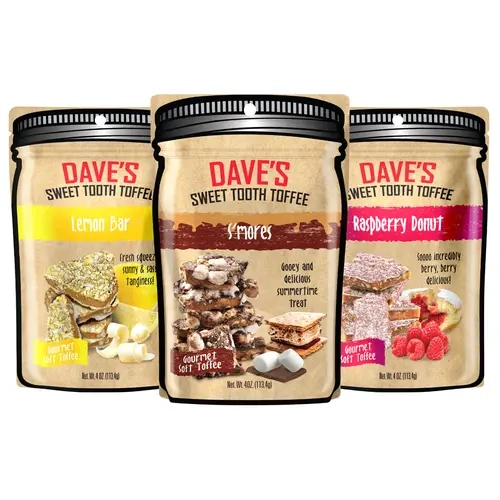 Summer Seasonal Toffee Flavors 1/4lb Pouch - Dave's Sweet Tooth Soft & Crunchy Chocolate Almond Toffee