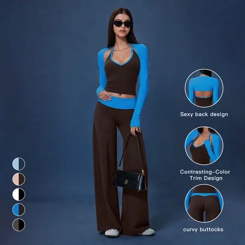 Tenwolf women’s casual athletic color-block backless halter long-sleeve yoga set, shawl-style top + color-block wide-leg pants, fuzzy fitness set,sohochic