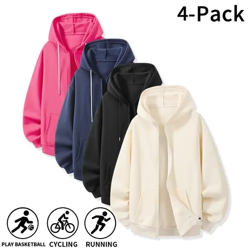 4‑Pack Men Autumn Winter Full Zip Up Hoodie, Loose Long Sleeve Hooded Sweatshirt, Easy On‑Off Full Zip Design Casual Jacket for Young Men Workout Sports Daily Street Going‑Out trendy everyday outfit