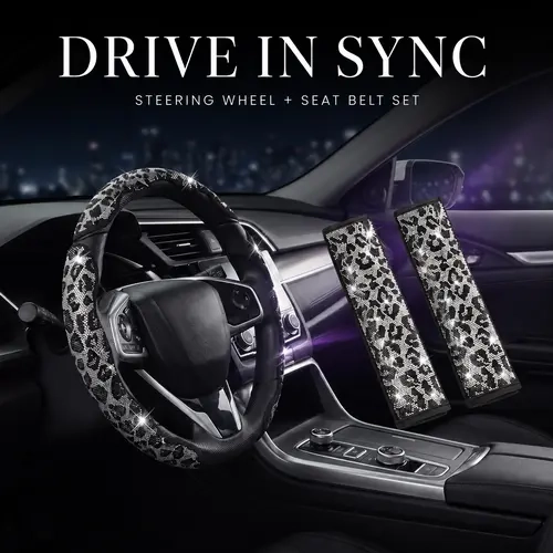 Queen’s Land Leopard Bling Sparkly Car Accessories Set with Crystal Rhinestones, 3PCS Steering Wheel Cover and 2PCS Seat Belt Shoulder Pads, Girly Car Decor, Car Accessories for Women Gift