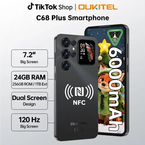 OUKITEL C68 Plus 2026 Dual-Screen Unlocked Android 15 Smartphone with Gemini AI, 7.2" HD+ 120Hz Display, 1.81" Smart Rear Display, 24(8+16)GB RAM+256GB ROM, Octa-Core, 6000mAh Battery, 64MP+8MP Camera, 4G Dual SIM, NFC, GPS, OTG, T-Mobile Compatible,sohoc