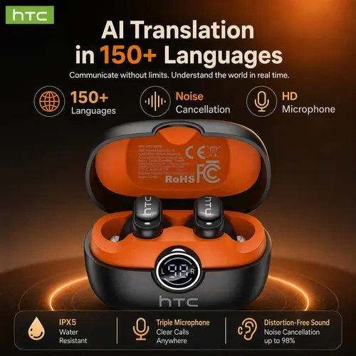 HTC NE79 AI Translation Earbuds - Bluetooth 6.0 In-Ear Mini Wireless Audio Earphones, 165+ Language Real-Time Voice Translator via APP, IPX5 Waterproof Workout Headphones, Long Battery Life, Fast Charging, Stable Android Connection for Music Calls