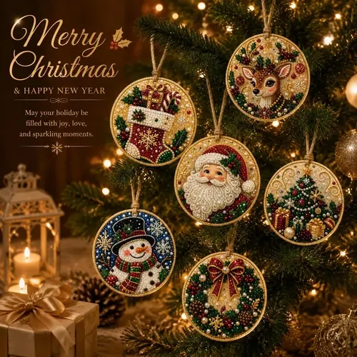 6Pcs/12Pcs Christmas DIY Diamond Painting Ornaments Kit, Xmas Tree Hanging Pendant, Handmade Craft Decoration Gift for Holiday Home Party
