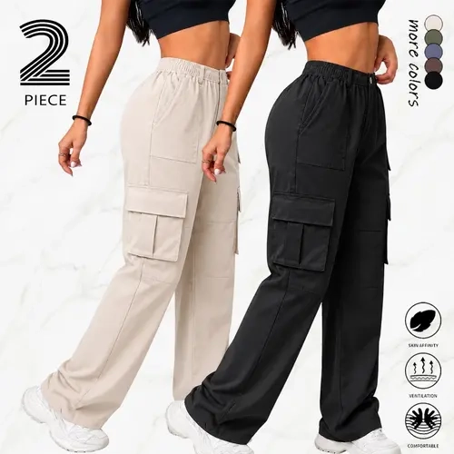 2-pack.Women’s vintage loose cargo pants with multiple pockets, an elastic waistband, wide straight legs, and non-stretch fabric. Suitable for all seasons—perfect for everyday casual wear, outdoor activities, and work settings.,sohochic