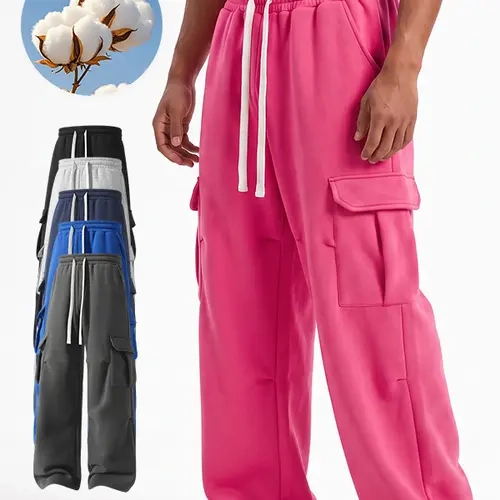 Men’s multi-pocket cargo wide-leg sweatpants,  drawstring waist, loose streetwear utility trousers, multiple colors