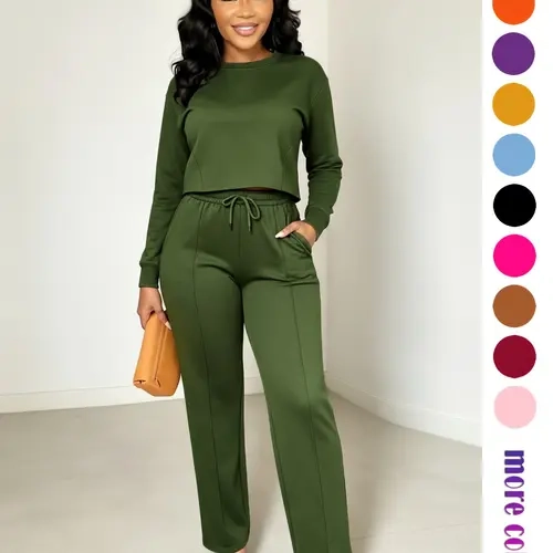 Women's Minimalist High Street Short Top & Wide Leg Pants Set, Casual, Sporty Two-Piece, Elegant Two-Piece, Long Sleeve Two-Piece