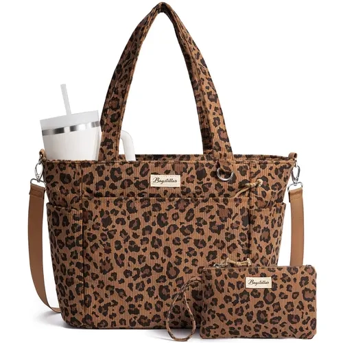 Bagstellar Corduroy Bag w/Makeup bag for Women, 14 inch Laptop Work Tote Bags for School College with Large Cup Holder, Durable Zipper Corduroy Casual Tote Purse Shoulder Organiser for Student, Work, Daily, Travel, Gym,dorm essentials,home decor