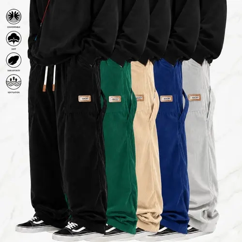 Men’s Corduroy Woven Pants, Regular Fit, Elastic Waistband with Drawstring, Solid Color, Casual Stylish All-Season Bottoms for Office & Leisure, Great Men’s Gift,sohochic