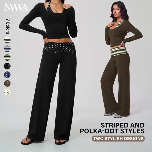 NVWA Women's 2 Piece Outfits Fake Two-Piece Long Sleeve Crop Top with Striped OR Polka Dot, High Waisted Wide Leg Pants, Butt Lifting Yoga Lounge Set, Chic Activewear Workout Outfits, Soft Stretchy Gym Wear,sohochic
