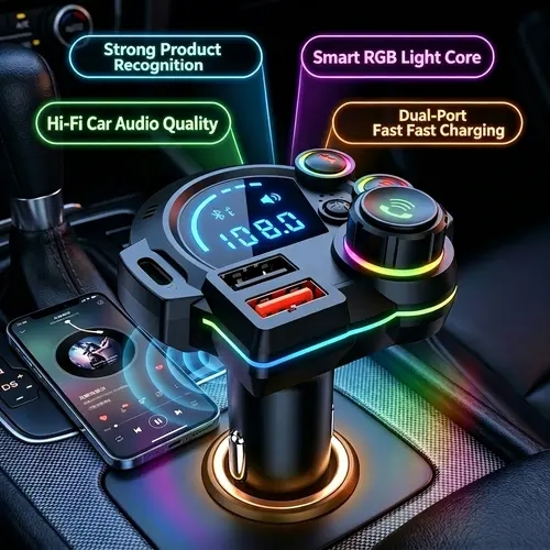 Car FM Bluetooth Transmitter - 12V-24V Vehicle Compatible, PD3.0&QC3.0 Dual USB Ports, Bass Enhancement, Hands-Free Calling, RGB Ambient Lighting, Travel Essential,toolupgrade