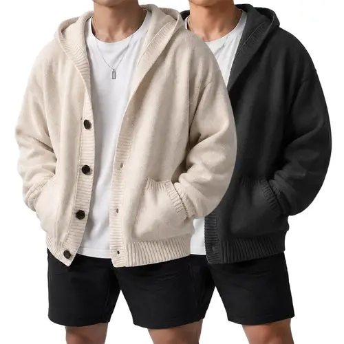 Men’s hooded knit cardigan sweater jacket, available in multiple colors, single-breasted design, casual loose fit,sohochic