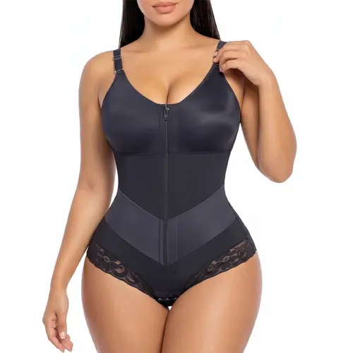 YIANNA #Livestream V-Shaped Bodysuit Shapewear for Women Tummy Control Fajas Colombianas with Front Zipper, Adjustable Straps & Lace Trim Brief Bottom Zipper Shaper Bodysuit Colombiano Faja