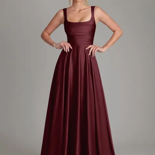 Azazie Azaria Square Neck Corset Pleated A-Line Bridesmaid Wedding Guest Formal Party Dress Stretch Satin sohochic