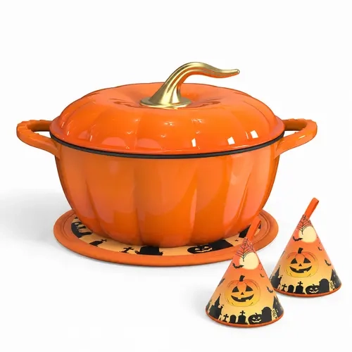ROVSUN Pumpkin Dutch Oven Pot with Lid – Enameled Cast Iron Pumpkin Shaped Pot with Gold Stem Knob, Matching Halloween Trivet & Oven Mitts, Fall Cookware for Soup, Stew & Braising, Orange, 5QT/7.5QT