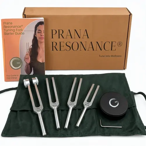 Prana Resonance Tuning Forks for Sound Healing - Daily Nervous System Reset for Overstimulated Days, Stress & Burnout - Root to Crown Chakra 174/432/528/963 Hz Solfeggio Frequencies, Puck Activator & Beginner Guide, For Meditation, Reiki & Yoga