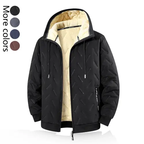 Men’s Korean-style casual loose winter jacket – solid color, fleece lining, polyester fabric, hooded design, windproof, suitable for outdoor activities and commuting, woven fabric, long sleeves that cover the arms, minimalist style keeps the look clean, w