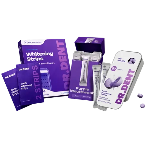DR.DENT The Purple Routine - 3-Step Purple Whitening Routine - Strips [7 Sessions] + Mouthwash [20 Uses] + Toothpaste Tablets [90 Tablets] - Peroxide-Free, Fluoride-Free, Vegan