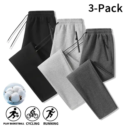 Men’s 3‑Pack Athletic Sweatpants, Cotton Fabric, Elastic Waist with Drawstring, Anti‑Theft Zippered Pockets, Loose‑Fit Long Pants, Ideal for Fitness Workouts, Gym Sessions and Everyday Wear