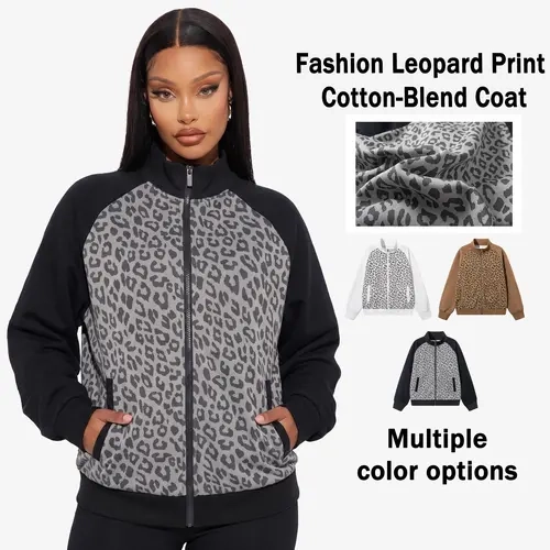 Y2K women’s leopard print patchwork zip-up fleece baseball jacket, soft breathable cotton blend stand collar casual outerwear, color-blocked long sleeves with pockets, suitable for streetwear, small group gatherings with friends, and weekend outings