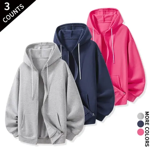 Casual Drop‑Shoulder Zip‑Up Hooded Jacket 3‑Set Unisex Basic Outerwear For Back‑to‑School Season