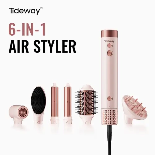 Tideway Prowaver 6-in-1 Ionic Air Styler, Hair Dryer Brush with Auto-Wrap Curlers for Fast Drying, Smooth Blowouts & Voluminous Curls, Dual Voltage