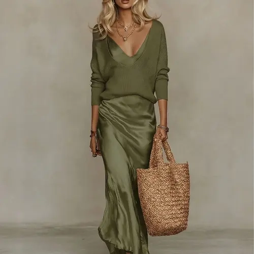 LikeMyChoice 2026 Women 2 Piece Quiet Luxury Matching Set Deep V Neck Loose Ribbed Knit Sweater & Slip Midi Skirt Elegant Casual Vacation Outfit For Women