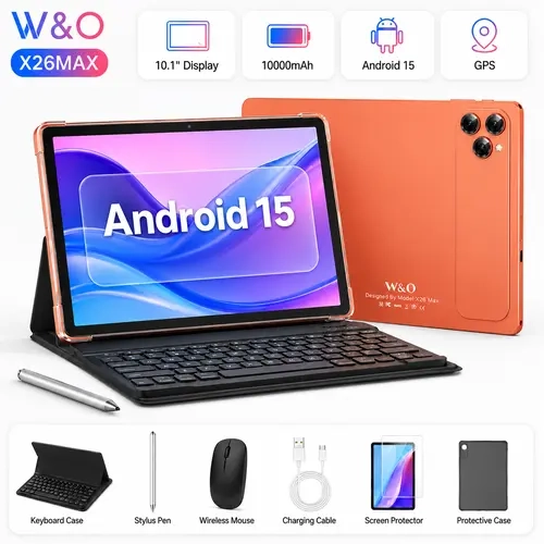 W&O X26MAX 11" Android 15 Tablet, 12GB RAM+256GB Storage, 10000mAh Battery, GPS, Tablet with Keyboard Case, Mouse, Stylus & Screen Protector, Portable Tablet for Study, Work, Streaming & Travel