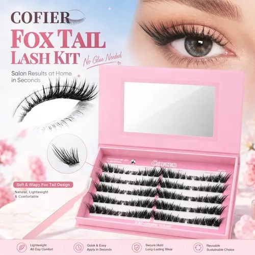 [Fox Eyes] Foxy Tail Self-Adhesive Lash Clusters Kit, No Separate Glue Needed, DIY Pre-Mapped Fox Eye Lashes, Wispy Lightweight DIY Press-On Lashes for Beginners