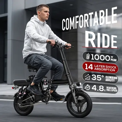 Foldable Adult Commuter Electric Bike - 1000W Peak, 500W All-Terrain Motor, 48V 15Ah Battery, 14-Level Suspension, Dual Disc Brakes, UL2849 Certified for Urban Rides