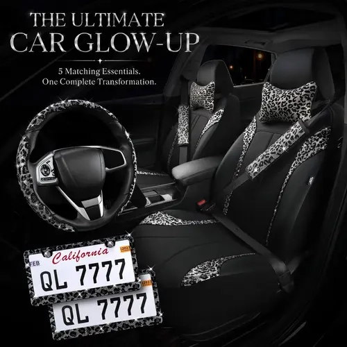 Queen’s Land Leopard Bling Car Accessories Set with Crystal Rhinestones, Complete Girly Car Interior Decor with Steering Wheel Cover, License Plate Frames, Seat Belt Pads, Seat Covers & Headrest Pillows for Women