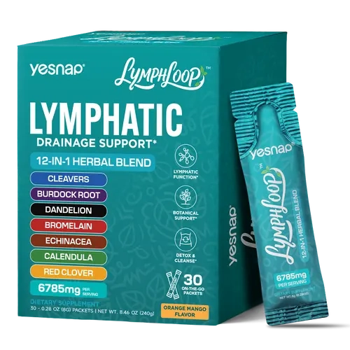 Yesnap Lymphatic Drainage Support Liquid Supplement, 12-in-1 Herbal Blend with Cleavers, Burdock Root and Dandelion, Ready-to-Take Orange Mango Liquid Stick Packs, 30 Count