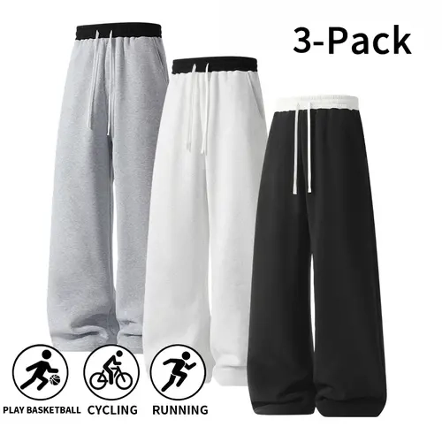 3-Pack Men’s Wide-Leg Sweatpants for Fall/Winter – Loose, Baggy Athletic Joggers with Elastic Waist and Drawstring, Ideal for Basketball, Running, and Cycling