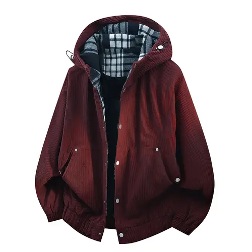 Menswear Corduroy Hooded Coat - Stylish American Retro Long Sleeve Casual Top for Young Men, Spring & Autumn Wear, Adjustable Drawstring Hood, Metal Snap Buttons, Drop Shoulder Design, Coats#sohochic
