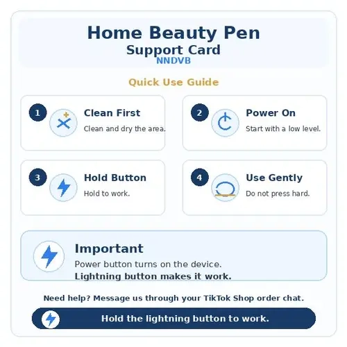 NNDVB Home Beauty Pen Quick-Start Support Card - Beginner Tutorial for Power On, Level Settings, Lightning Button Use & Basic Aftercare Tips