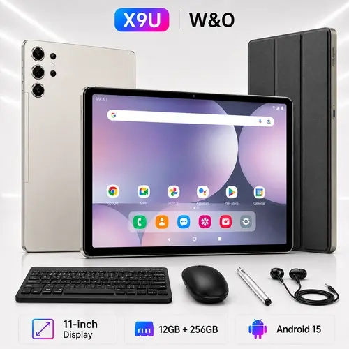 W&O X9U 2026 Android 15 Tablet, 11" FHD Display, 12GB RAM + 256GB Storage, 10000mAh Battery, 5G WiFi, GPS, Keyboard, Mouse & Stylus Bundle, Ideal for School, Work, Streaming & Travel
