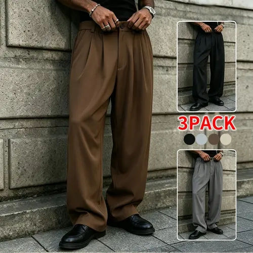 Men’s neutral-tone 3-pack wide-leg dress trousers, high-rise pleated elastic waistband, smooth fall/winter bottoms, versatile with knit cardigans and long-sleeve shirts adventure sweatpants loose baggy outdoor jogging pant breathable comfortable