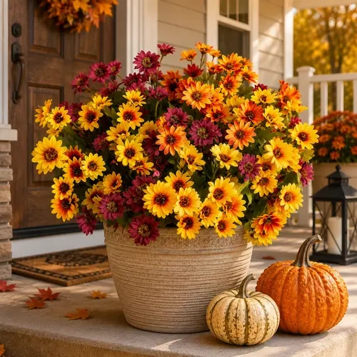 Halloween Fall Artificial Mums Daisy Flowers (6/12/24pcs/set), UV Resistant Faux Chrysanthemum Bouquets, Realistic No Fade Fake Flowers for Outdoor Planters Front Porch Patio Garden Yard, Autumn Halloween Thanksgiving Decor