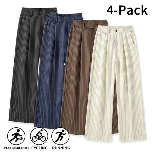 Men’s 4‑Pack Vertical Striped Pleated Wide‑Leg Dress Pants, Loose Straight Trousers for Young Professionals & College Men, Retro Business‑Casual Bottoms for Office Commute & Daily Street Outfits