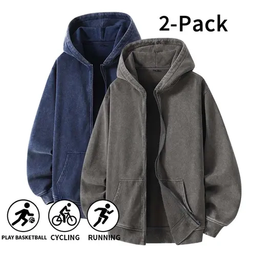 Men’s 2‑Pack Cotton‑Blend Washed Vintage Zip‑Up Hoodies, Oversized Loose Fall Winter Jackets for Teen Boys & Young Adults, Fleece‑Lined Hooded Tops for Streetwear, Hanging‑Out & Daily Commute