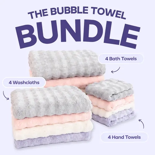Mellow Sleep Bundle | Bubble Towels - 4x Bath Towels - 4x Hand Towels - 4x Washcloths - Soft, Cushioned Microfiber with Quick-Drying Bubble Texture